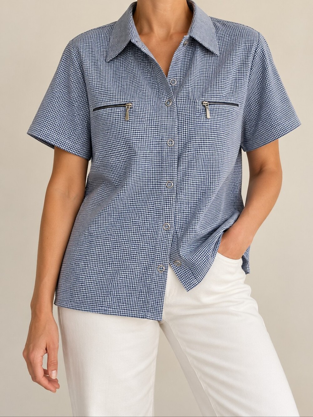 Jeanne Pierre 100% Cotton Micro Gingham Check Snap Front Zip Pocket Short Sleeve